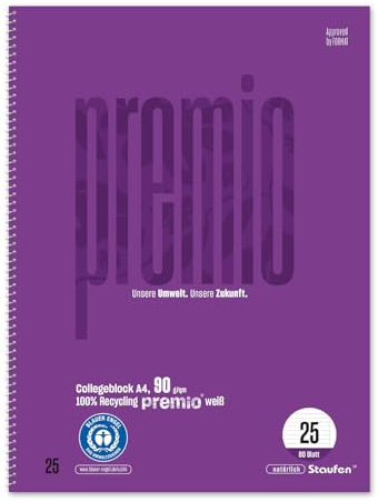 Staufen premio Collegeblock - 5 Stück, 80 Blatt, DIN A4, Lineatur 25 (9 mm liniert mit Rand), 4-fach Lochung, 90 g/m² Recyclingpapier