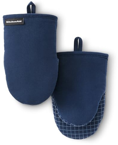 KITCHENAID Gourmet Series Gridlines Mini Oven Mitts 2-Pack Set, Heat Resistant up to 600°F, Soft Silicone Grip, Magnetic Cuff, Ink Blue, 5.5x9