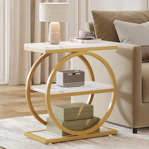 Tribesigns Side Table with Shelves, 3-Tier Industrial Wooden Sofa Side Table with Black Metal Frame for Living Room, Sleek Bedside Table and Bedside Table for Bedroom, White