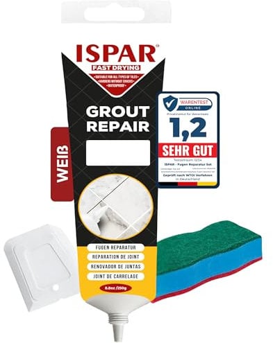 ISPAR Juego de pintura para juntas de baño y cocina de 250 g, lista para usar, de secado rápido, con espátula, para juntas de azulejos y reparación de juntas, inodora y práctica
