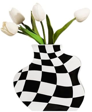 Karierte Vase, Blumenvase Schwarz Weiß, Kleine Deko Vasen Keramik Dekorative Moderne Vasen Geometrische Vase für Tafelaufsätze Wohnzimmer Schlafzimmer Büro Tischdeko Innenbereich (S)