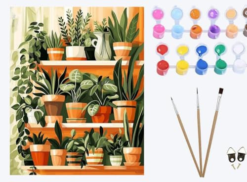 XIAOYOUQIAN Green Plant pots，Paint by Numbers Kit for Adults Beginner DIY Oil Painting Gift 16x20 inch ，with Frame