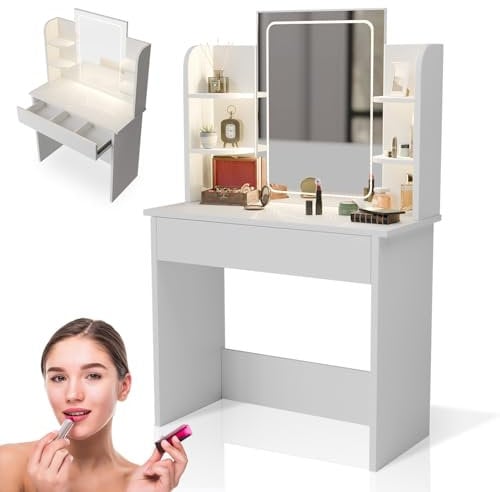 Juskys Schminktisch Zoey mit LED-Spiegel, großer Touch-LED-Spiegel mit Rahmen, Schublade & Regal, viel Stauraum, pflegeleicht & modern — Weiß