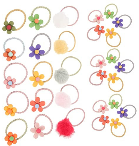 WOONEKY 30 Piezas de Cintas Elásticas Pelo Flores y Pompones, Accesorio para Niñas, Material de Felpa y Resina, Diseño Adorable para Uso en Bodas y Ocasiones Obsequios
