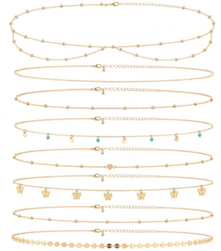 Ptwola 8 Stück Bauchkette Gold Damen Verstellbarer Taillenketten Körperketten Bikini Taillenschmuck 18K Vergoldet Belly Waist Chain für Frauen Mädchen