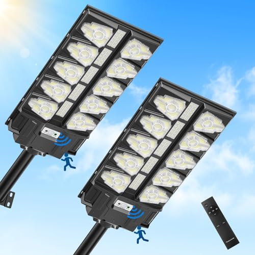 Viugreum 2 Stück 2000W Led Solar Straßenlaterne für Außen, 650000Lm Solarlampen mit Bewegungssensor, 6500K IP67 solarlaternen außen wetterfest, LED Solar Strahler Außen für Garten, Hof Garage