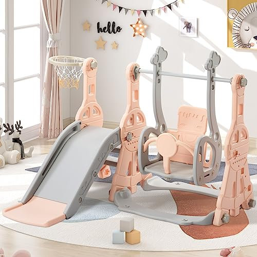 Tobogán infantil 4 en 1, columpio, juego de toboganes infantiles con escaleras, columpio, tobogán y soporte de baloncesto, rosa