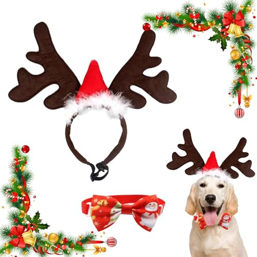 Weihnachtliches Haustier-Kopfband, Rentier-Geweih-Kostüm, Elch-Kopfbedeckung, Verstellbarer Haarreif mit Weihnachtsmütze, Geschenk für Hunde, 28cm x 32cm, mit 1 Hundehalsband Weihnachten