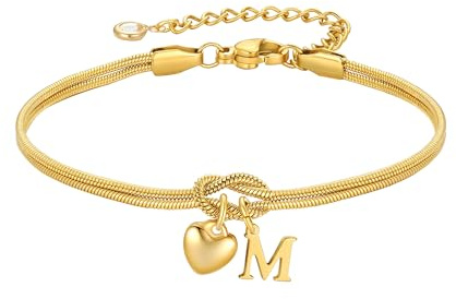 TINGN Bracciale in oro per donne e ragazze - Bracciale in oro 18 carati placcato in oro con lettere, ciondolo a forma di cuore personalizzato, braccialetti con nodo d'amore, regalo per donne