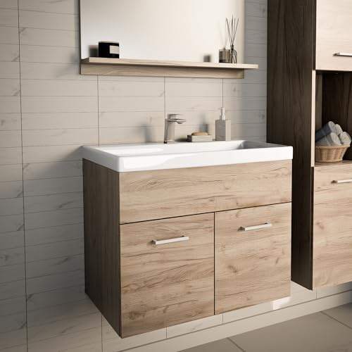 [en.casa] Waschbeckenunterschrank Krildihana Badschrank mit Waschbecken aus Keramik Waschtisch mit 2 Türen 61 x 40 x 50 cm Waschtischunterschrank wandmontiert Eicheoptik