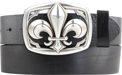 BELTINGER Gürtel aus Vollrindleder mit eckiger Lilien-Schließe 40mm | Ledergürtel mit Fleur de Lis Buckle für Damen Herren 4,0cm | Leder-Gürtel mit Druckknöpfen 4cm