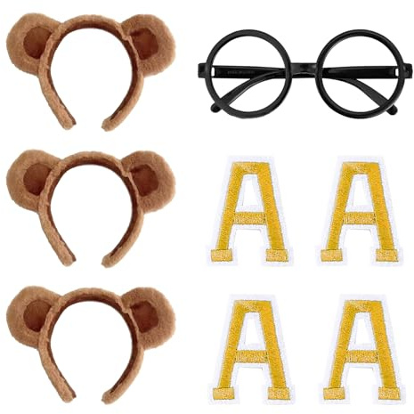 RAOPNHS 8 Stück Chipmunks Kostüm Set, 3x Bärenohren Stirnband, Runde Brille, 4x Bügelbilder Buchstaben, Alvin und die Chipmunks Kostüm, Chipmunk Ohren, Cosplay Party Zubehör für Erwachsene
