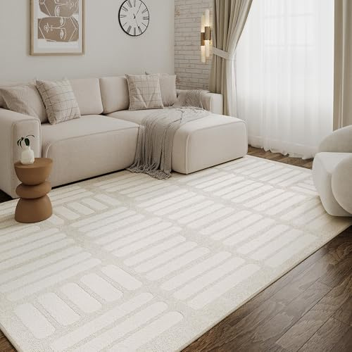 TAPISO Terra Teppich Kurzflor Creme Beige kariert 160 x 220 cm | geometrisch Muster 3D Effekt für Wohnzimmer & Schlafzimmer strapazierfähig pflegeleicht oeko-tex