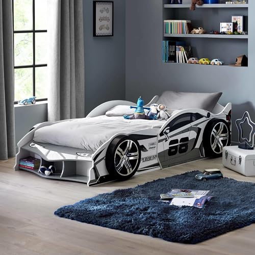 Julian Bowen Storm Kids Bed, Race Car, White - H58 x W112 x D230cm | Unique Racing Car Themed Children's Bed, 3ft/90cm, Realistic Feature Wheels, Built-in Guard Rail Sides, Sleek & Glossy Look