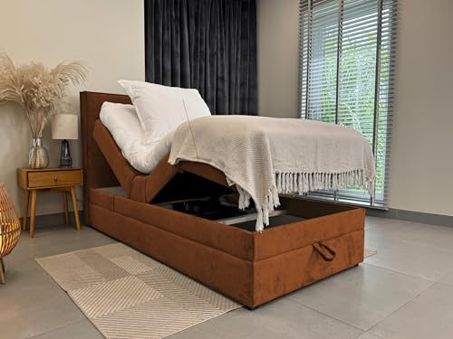 TRADA Boxspringbett 100 x 200 cm, Elektrische Bett mit Matratze, Braun | SORRENTO, Bett mit Kopfteil, Topper und Bettkasten, Stoffbezug Veloursstoff