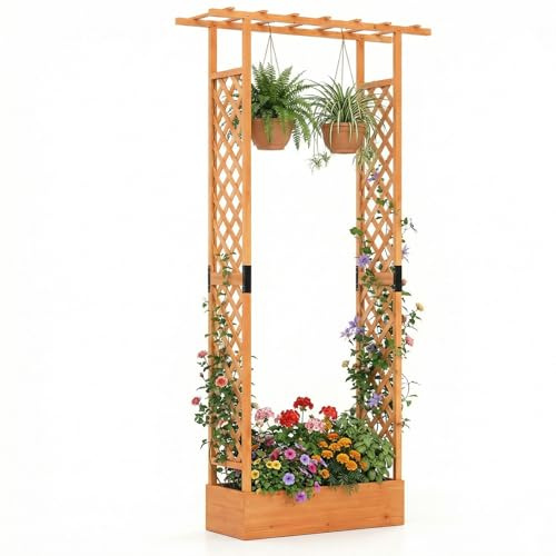 FANTASK Blumenkasten mit Rankgitter, 110 x 35 x 227 cm, Hochbeet mit Spalier für Kletterpflanzen & hängende Körbe, Pflanzkasten mit hängendem Dach, Pflanzkübel für Garten Hof Terrasse (Orange)