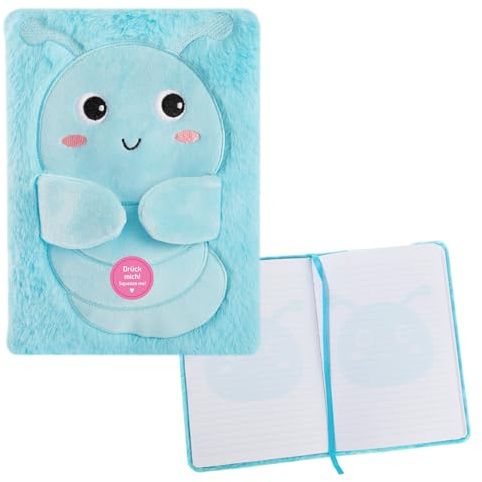 Idena 12105 - Notizbuch A5 liniert, Fluffy Raupe, 80 Blatt, 80 g/m² in Weiß, mit Leseband und Plüscheinband