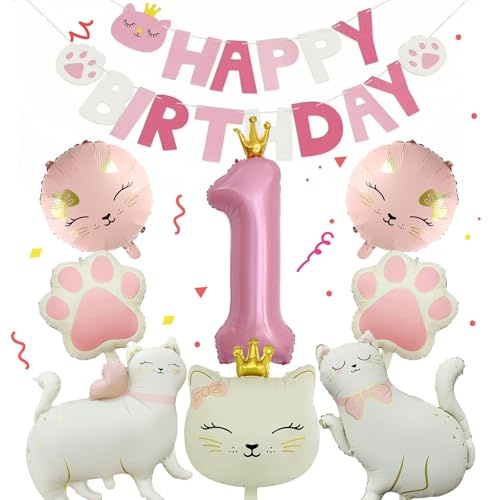 9 Stück Katzen Ballons Geburtstag Deko, Helium Luftballon Katz für Geburtstagsdeko 1 Jahr Mädchen, Katzen Deko Luftballons, Katze Kindergeburtstag Party Deko, für Geburtstag, Babyshower