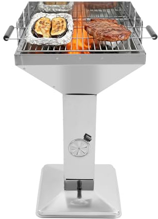 Freistehender Edelstahl Säulengrill Silber, Holzkohle Grill 42×42×92cm für Camping Outdoor Party für über 5 Personen