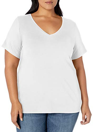 Amazon Essentials Camiseta de Manga Corta con Cuello en V de Talla Grande Mujer, Blanco, XXL Grande