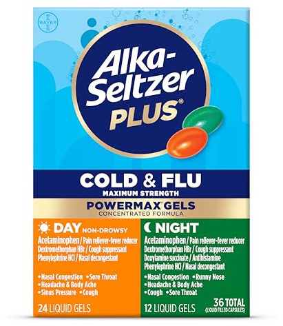 Alka-Seltzer Plus Power Max Cold & Flu Day+Night Medicine: Cough Suppressant, Cold and Flu Medicine For Adults and Children 12 Years and Older, 36 Count, Packaging May Vary