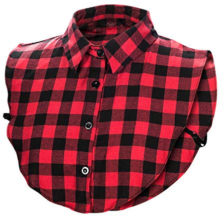 Wearlizer Frauen Kragen Abnehmbare Hälfte Shirt Bluse In Baumwolle Weiß/Schwarz/Jeans (Rotes und schwarzes Plaid)