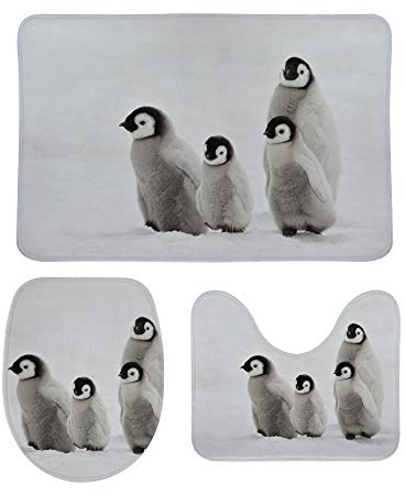 MyDaily 3-teiliges Badvorleger-Set mit Pinguinen, rutschfester WC-Deckelbezug und Badematte
