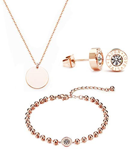 Kaguyo Jewellery Set for Women, Rose Gold Plated Stainless Steel Disc Circle Charms Pendant Necklace with Circle Earrings and Gold Bracelets - Minimalist Women's Jewelry Set (love jewellery sets)