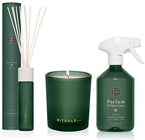 RITUALS Jing Duft Set, Calming Routine 3er Set - Kerze 290g, Duftstäbchen 230ml, Raumduft Spray 500ml, Düfte für Damen & Herren, inkl. Filabe Pflegetücher