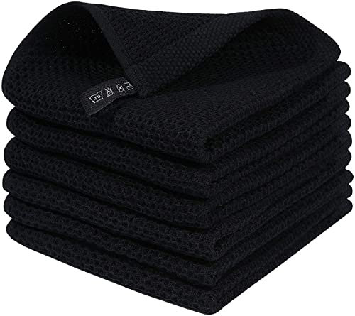 Moosfor Geschirrtücher 100% Baumwolle, 6er Set 30 x 30 cm, Weiche Geschirrhandtücher Küchenhandtücher Saugfähig Küchentücher Dicke Fusselfrei Geschirrtuch Spüllappen Putzlappen, Schwarz