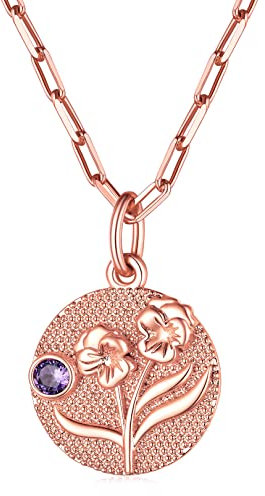 FOCALOOK Damen Geburtsstein Münze Kette Rosegold vergoldet Februar Geburtsblume Veilchen Anhänger Halskette 45+5cm Rolokette Geburtsmonat Modeschmuck für Party Cocktail