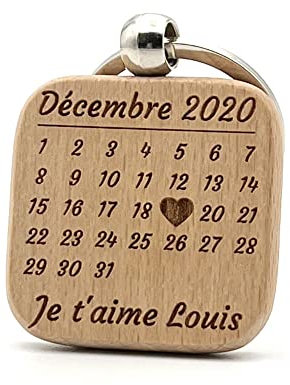 Porte-clés Calendrier Personnalisé en Bois – Gravure Date & Message Court – Cadeau Unique pour Anniversaire, Mariage, Naissance, Saint-Valentin – Accessoire Gravé au Laser – Made in France