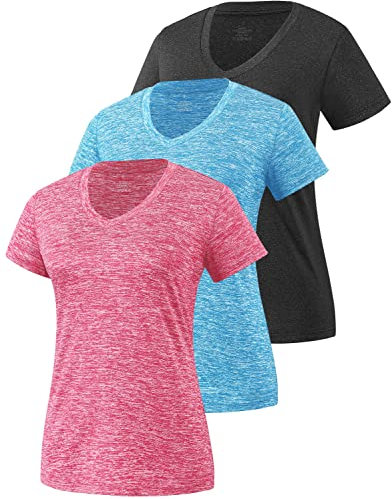 Star Vibe 3 Pack Women's Short Sleeve Dry Fit T-Shirts Moisture Wicking Athletic V-Neck Gym Tee Exercise Yoga Tops Black/Blue/Rose L