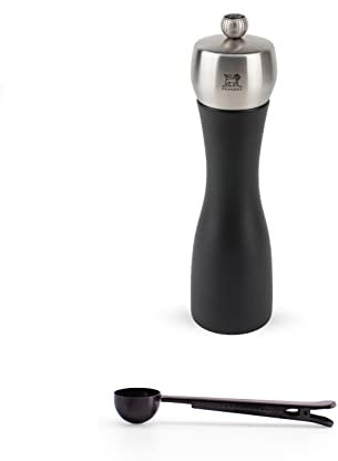 Peugeot Fidji 8.25 Inch Pepper Mill Gift Set, Black Matte - With Stainless Steel Spice Scoop & Clip