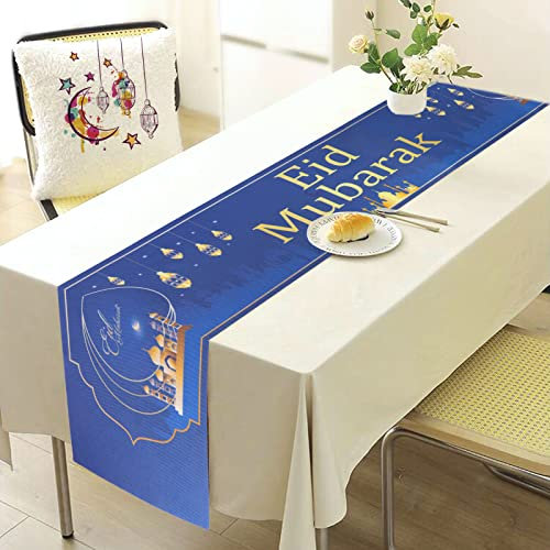 HOWAF Eid Mubarak Tischläufer - Eid Mubarak Dekoration, Ramadan Tischdecke - Blau, Baumwoll-Leinen-Mischung, Eid Mubarak Muster, Klassisch, Medium, 180 x 35 cm