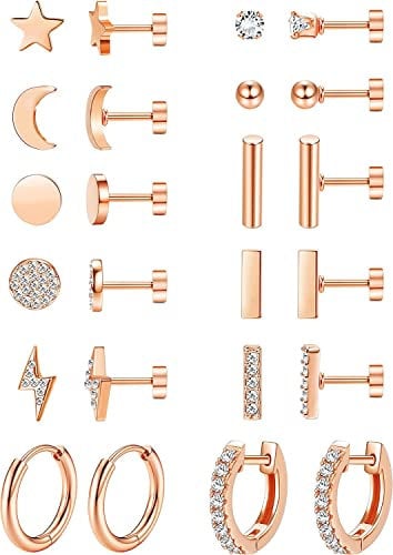 Morfetto Flat Back Earrings Hypoallergenic Surgical Steel 14K Gold Plated Stud Earrings Set For Multiple Piercing Tiny Moon And Star Screw Back Earrings Helix Cartilage Earrings For Women,RoseGold