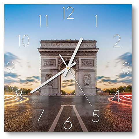 DEQORI Glasuhr | 30x30 cm | Motiv Triumphbogen in Paris | ausgefallene leise Design Uhr aus Glas | Wanduhr für Wohnzimmer & Küche | Moderne Hingucker Uhr für die Wand