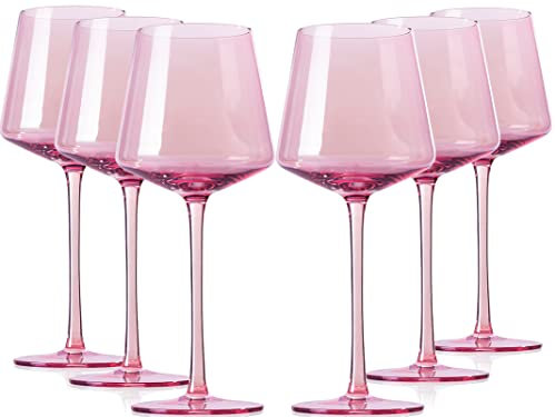 comfit Juego de 6 copas de vino rosas, copas de vino coloridas de cristal con tallo largo y borde fino, copas de vino de colores modernos para bodas, cumpleaños, aniversarios, 18 onzas (rosa)