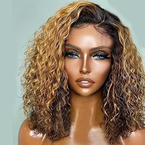 P4/27 Echthaar Perücke Damen Highlight Curly Bob Human Hair Perücke Ombré Glueless Curly Wig Human Hair For Black Women 13x4 Lace Front Wigs Human Hair 12Inch(30cm)