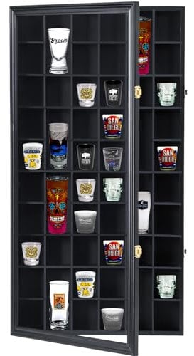 Furnishh Schnapsglas-Vitrine mit 52 Schlitzen und abschließbarer Tür, Massivholzschrank, Sammelhalter, Wandmontage, Schnapsglas-Präsentationsbox mit abnehmbaren Regalen, 43,2 x 81,3 cm, Schwarz