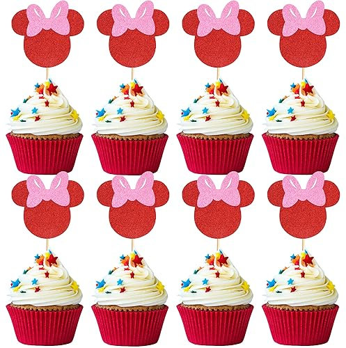 Arthsdite 24Pcs Mouse Inspired Cupcake Toppers with Pink Bow Red Glitter Mouse Cake Decorations for Baby Shower Wedding Kids Birthday Party Cake Decorations Supplies - Red Glitter