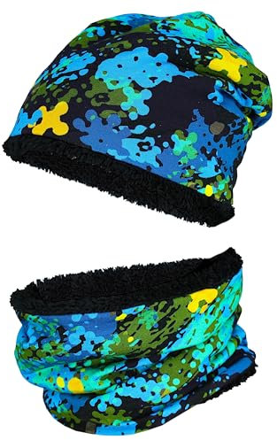 TupTam Jungen Beanie Mütze Schlauchschal Kinder 2er Set Herbst Winter gefütterte Übergangsmütze mit Loop, Farbe: Wintermütze Teddyfleece - Vielfarbig Grün Blau, Hat Size: 50