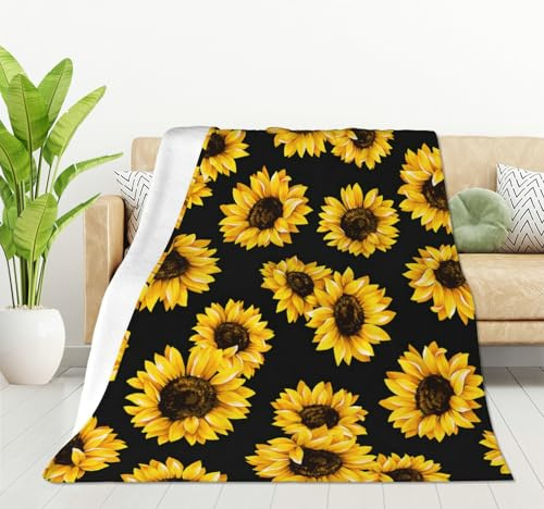 HGOD DESIGNS Überwurfdecke mit Sonnenblumen, schwarze tropische Blumen, Gänseblümchen, ultraweich, warm, für alle Jahreszeiten, niedliche Blumen, Sonnenblume, dekorative Fleecedecken für Bett, Stuhl,