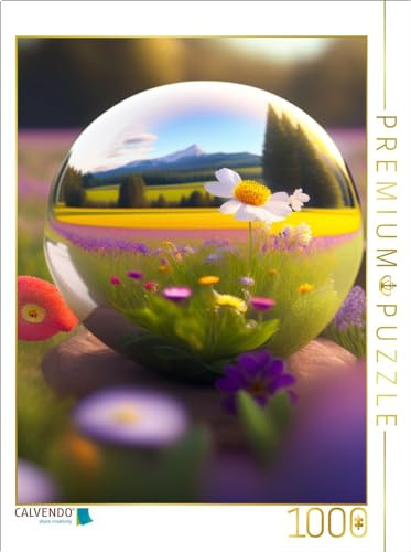 CALVENDO Puzzle Eine Bunte Frühlingswiese spiegelt Sich in Einer Kugel. | 1000 Teile Lege-Größe 64 x 48 cm Foto-Puzzle für glückliche Stunden