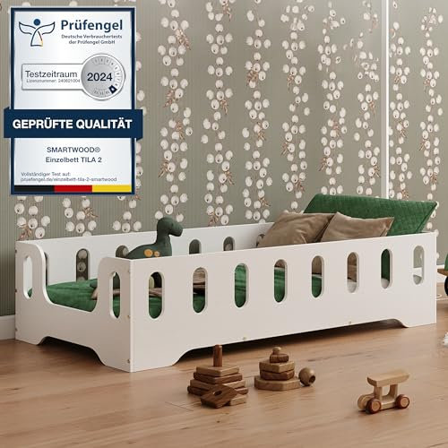 smartwood Kinderbett Bodenbett 90x180 mit Rausfallschutz & Lattenrost - Weiß - Kinder Montessori Bett TILA 2B mit glatten Kanten - Betten für schnelle Montage - Bis 230 kg belastbar
