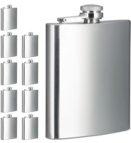 Relaxdays Flachmann 10er Set, 200 ml, Edelstahl Schnapsbehälter für unterwegs, Taschenflasche Schraubverschluss, Silber
