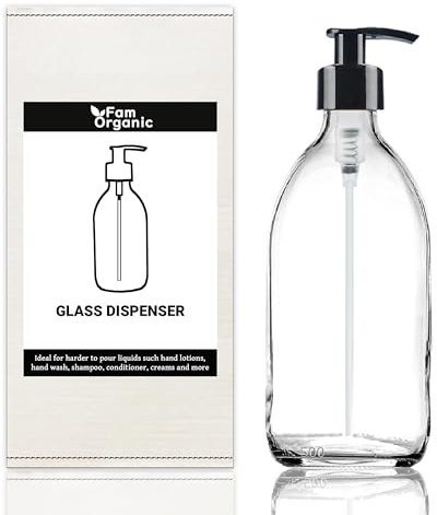 Fam Organic 500ml Clear Glass Bottle with Plastic Pump Refillable Soap Dispenser for Lotion, shampoo, conditioner, Body wash, Hand Wash. BPA Free - Eco Friendly (Clear 500ml - Black Pump - Pack of 1)
