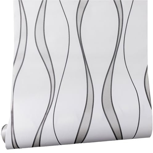 Camiraft 3D Effect Textured Non-Woven Wallpaper Glitter Flocking Embossed White Wallpapers 3 roll Wave Stripes Wall Paper for Living Room Bedroom,53cm x 950cm