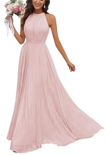 SAYNO Robe de demoiselle d'honneur avec dos nu en mousseline de soie pour invitées de mariage, robes de soirée Rose pâle Taille 36