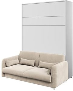 MEBLINI Schrankbett mit Sofa Bed Concept - Wandbett mit Lattenrost - Klappbett mit Schrank - Wandklappbett - Murphy Bed - BC-01-140x200cm Vertikal - Weiß Matt/Beige